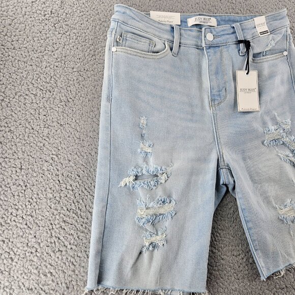 Judy Blue Shorts Womens Large Light Blue High Waist Distressed‎ Denim Raw Hem - Picture 2 of 16